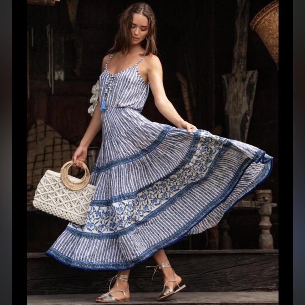 NWOT Anthropologie Beachgold Bali Layla Tiered MIDI Maxi Dress Blue Beach M 8 10